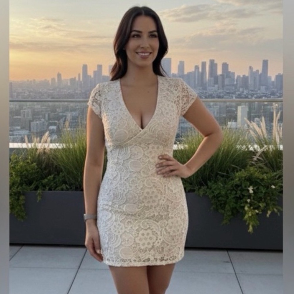LIPSY CHAMPAGNE LACE MINI DRESS size 8